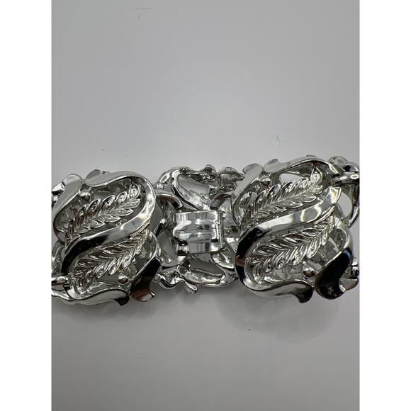 Vintage chunky silver tone bracelet with leaf details unsigned size 6.5 - Picture 6 of 8